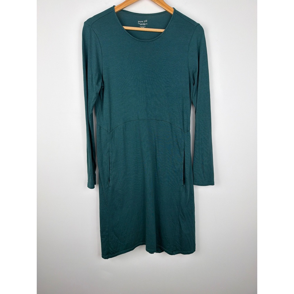 Pure Jill Swing Dress S Teal Long Sleeve Pima Cotton Modal Dipped Hem Minimalist